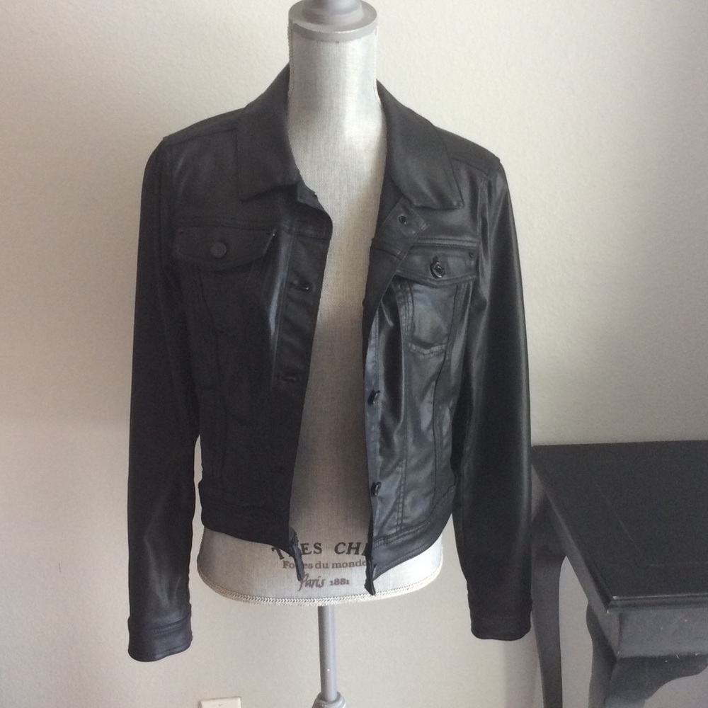 Faux leather jean jacket style.